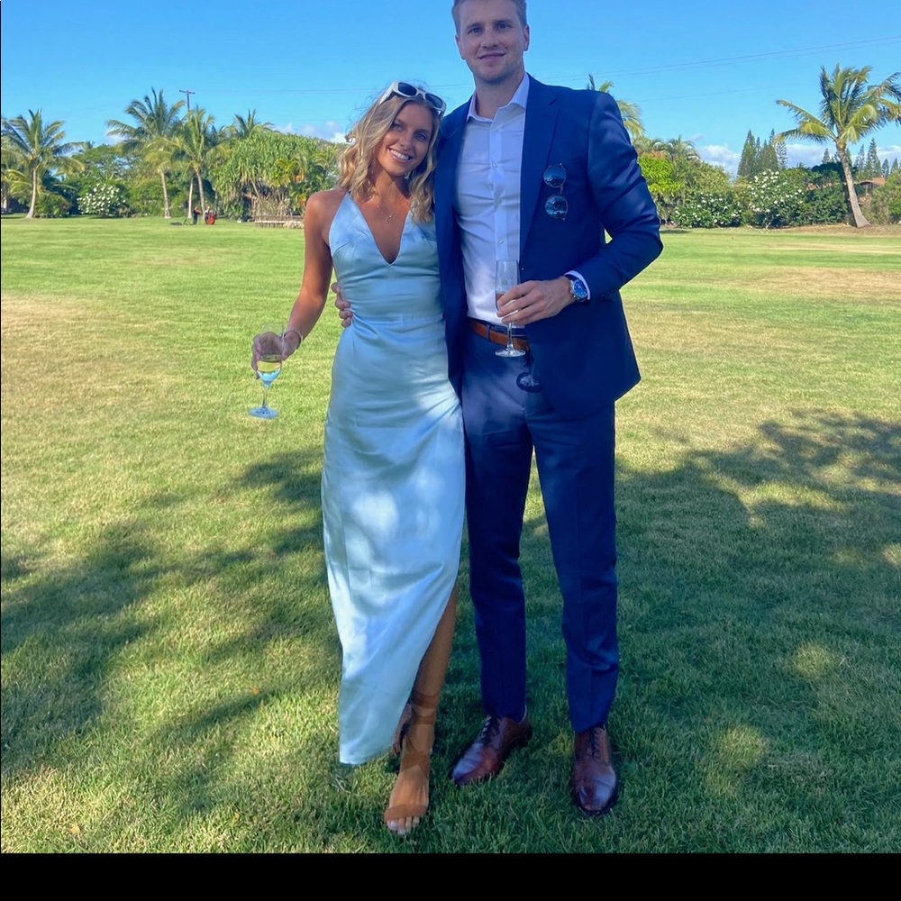 Revolve blue satin more to come maxi dress